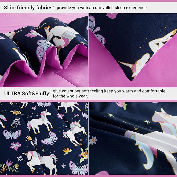 Mooreeke Kids Comforter Bed Set Twin Size for Girls, 6 Pieces Bed in a Bag with Shams, Sheet Set, Purple Pink Unicorn Twin Soft Microfiber Kids Comforter Bedding Set - LeafyLoom