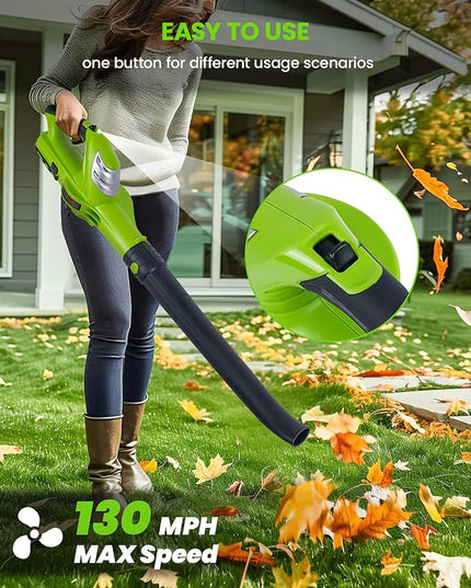 HARDELL Leaf Blower, 18V Small Leaf Blower Cordless with 2.0Ah Battery & Fast Charger, Lightweight Electric Leaf Blower for Lawn Care, Patio, Blowing Leaves, Green - LeafyLoom