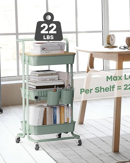 DTK 3 Tier Utility Rolling Cart with Cover Board, Rolling Storage Cart, H&le & Locking Wheels Kitchen Cart with 2 Small Baskets & 4 Hooks for Bathroom Office Balcony Living Room(Turquoise)Large - LeafyLoom