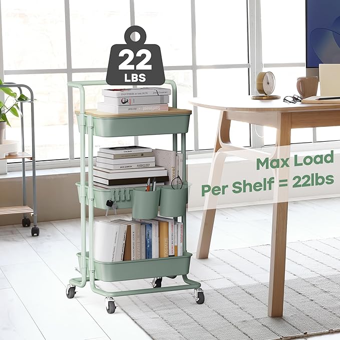 DTK 3 Tier Utility Rolling Cart with Cover Board, Rolling Storage Cart, H&le & Locking Wheels Kitchen Cart with 2 Small Baskets & 4 Hooks for Bathroom Office Balcony Living Room(Turquoise)Large - LeafyLoom