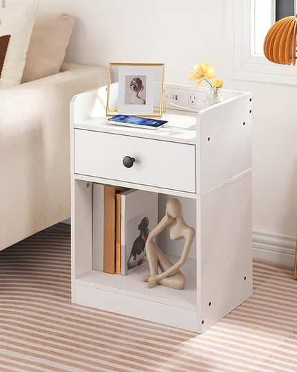 HOOBRO Nightstand with Charging Station, End Table with Drawer and Opening Shelf, Side Table with USB Ports and Outlets, Bedside Table for Bedroom, Small Night Stand Simple Style, White WT18UBZ01 - LeafyLoom