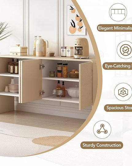 60" L Large Storage Space Sideboard with 4 Doors,Elegant Minimalist Style Buffet Cabinet,W/Adjustable Shelves and Rebound Device,Console Table for Living Room Entryway Kitchen,Apricot Cream - LeafyLoom