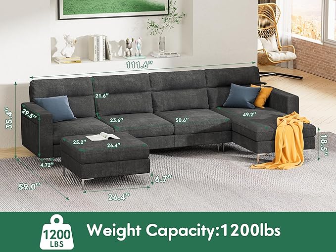 YESHOMY Convertible Sectional Sofa Modular Couch with Chaises and Removable Ottoman for Living Room, Dark Gray - LeafyLoom