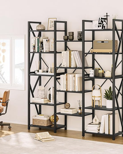 GAOMON Triple Wide 5 Tier Book Shelf, 70.8” Tall Bookcase with 14 Open Shelves, Large Industrial Bookshelves and Bookcases with Metal Frame for Home Office, Study Room, Living Room-Black - LeafyLoom