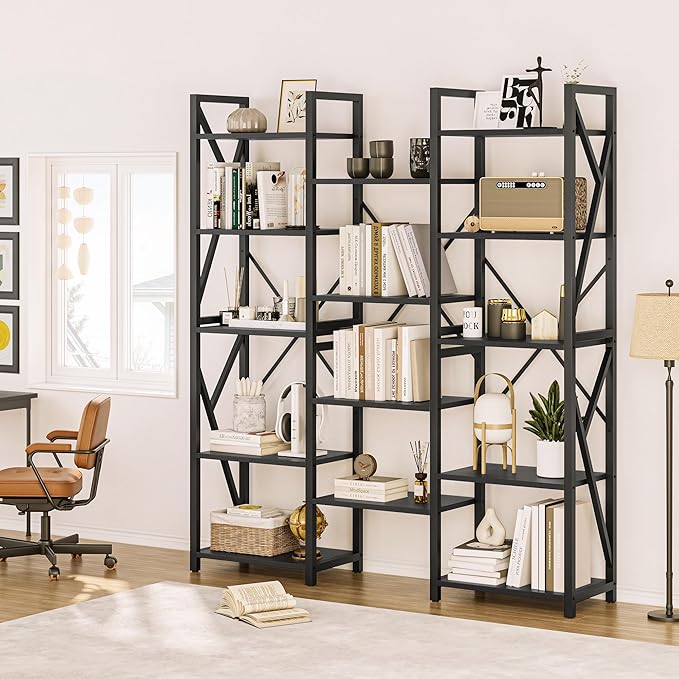 GAOMON Triple Wide 5 Tier Book Shelf, 70.8” Tall Bookcase with 14 Open Shelves, Large Industrial Bookshelves and Bookcases with Metal Frame for Home Office, Study Room, Living Room-Black - LeafyLoom