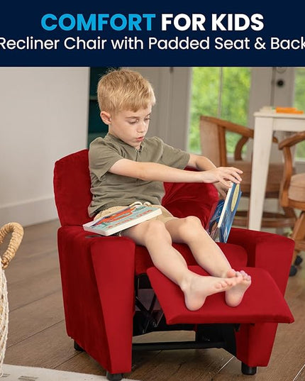 Flash Furniture Chandler Microfiber Kids Recliner with Cup Holder and Safety Recline, Contemporary Reclining Chair for Kids, Supports up to 90 lbs., Red - LeafyLoom
