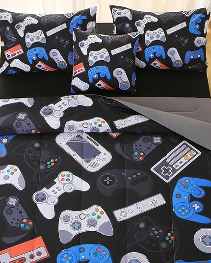 6Pcs Game Console Comforter Set with Sheets for Boys Girls Kids Teens, Gamepad Collection Themed Bed in A Bag Twin Size, 3D Video Gamer Controller Bedroom Decor Bedding Set - LeafyLoom