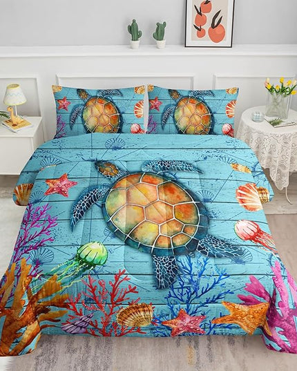 Datura home Sea Turtle Bedding Comforter Set Sea Turtle Ocean Beach Printed Pattern Bedding Set with 1 Comforter and 2 Pillowcases for Boys Bedroom All Season(Sea Turtle Full), Full 80x90inches - LeafyLoom