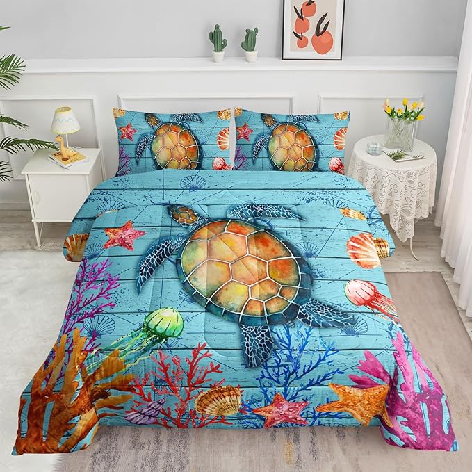 Datura home Sea Turtle Bedding Comforter Set Sea Turtle Ocean Beach Printed Pattern Bedding Set with 1 Comforter and 2 Pillowcases for Boys Bedroom All Season(Sea Turtle Full), Full 80x90inches - LeafyLoom