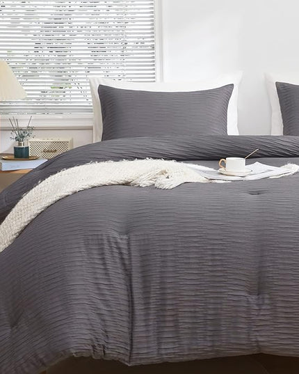 Dark Gray Seersucker Comforter Set Full Size (79x90 in), 3 Pieces Soft Crinkled Textured Comforter with 2 Pillowcases, Lightweight Microfiber Down Alternative Bedding Set for All Season - LeafyLoom