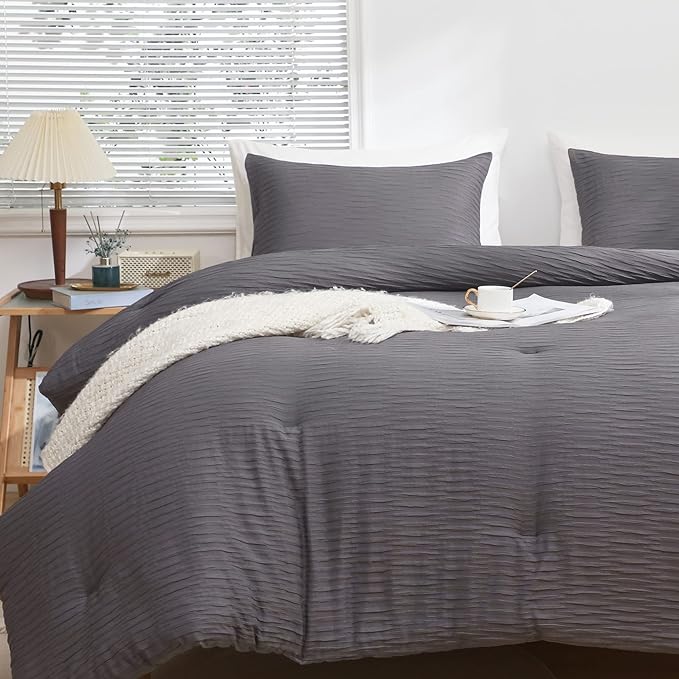 Dark Gray Seersucker Comforter Set Twin Size (66x90 in), 2 Pieces Soft Crinkled Textured Comforter with 1 Pillowcase, Lightweight Microfiber Down Alternative Bedding Set for All Season - LeafyLoom