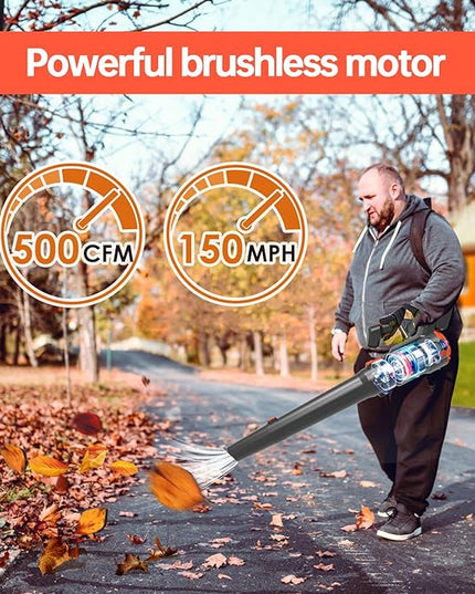 Leaf Blower Cordless - 500CFM 150MPH Brushless Electric Leaf Blower with Battery and Charger, 20V 2 packs 5.0 Ah Battery Powered Leaf Blower, for Lawn Care Yard Porch Driveway Patio Clean - LeafyLoom