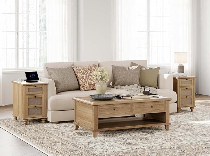 WAMPAT Farmhouse Rattan End Table with Charging Station, Wood Side Table with Drawer & Storage Cabinet, Oak Nightstand with Power Outlets & USB Ports for Living Room, Bedroom, Burlywood - LeafyLoom