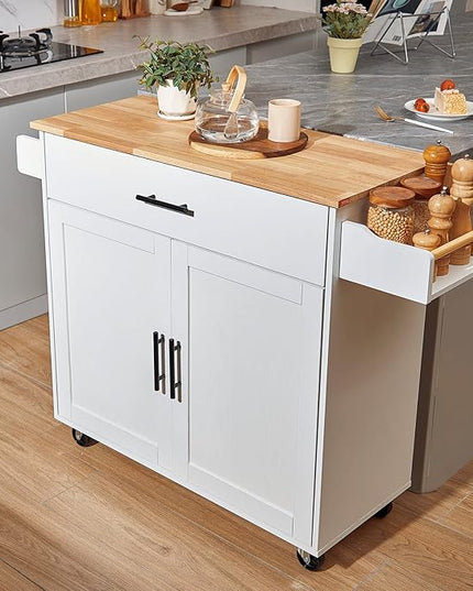 VEVOR Kitchen Island Cart with Solid Wood Top, 35.4" Width Mobile Carts with Storage Cabinet, Rolling Kitchen Table with Spice Rack, Towel Rack, Drop Leaf and Drawer, Portable Islands on Wheels, White - LeafyLoom