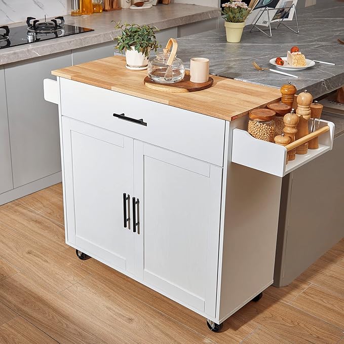 VEVOR Kitchen Island Cart with Solid Wood Top, 35.4" Width Mobile Carts with Storage Cabinet, Rolling Kitchen Table with Spice Rack, Towel Rack, Drop Leaf and Drawer, Portable Islands on Wheels, White - LeafyLoom