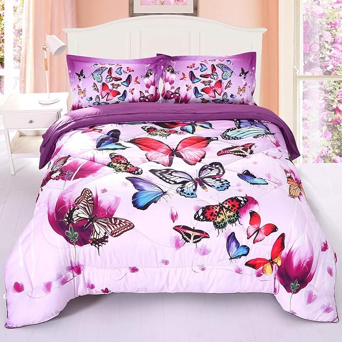 ENCOFT Butterfly Comforter Queen Size, 3 Pieces Girls Teen Kids Quilted Bedspread Queen Bed Comforter Bedding Sets, All Seasons Microfiber Purple Butterfly Bedding Set, with Pillowcase - LeafyLoom