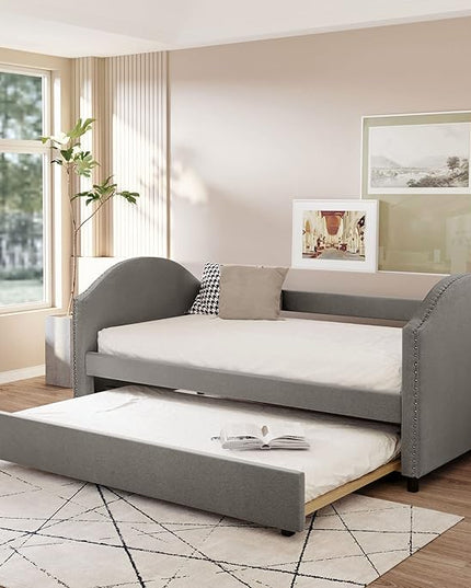 Full Size Upholstered Daybed with Twin Trundle Bed and Wood Slat for Living Room Bedroom, Gray - LeafyLoom