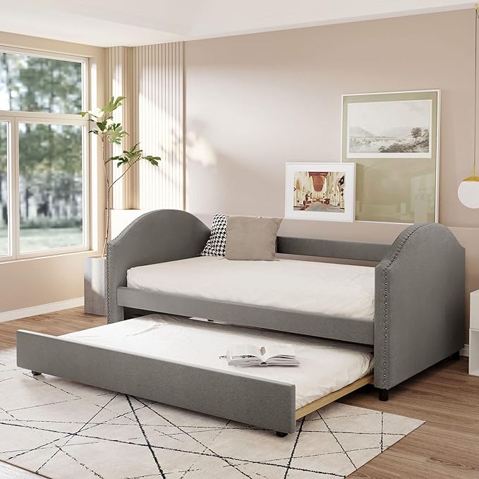 Full Size Upholstered Daybed with Twin Trundle Bed and Wood Slat for Living Room Bedroom, Gray - LeafyLoom