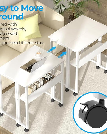 GreenForest Folding Desk White Desk with Storage Shelf,31.5 inch Foldable Computer Desk with Wheels Small Desk for Small Space,Easy Assembly,Pure White - LeafyLoom