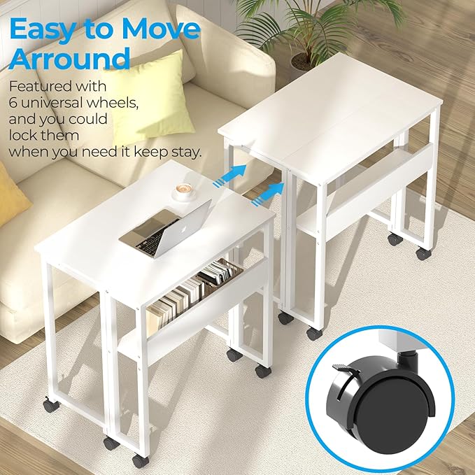 GreenForest Folding Desk White Desk with Storage Shelf,31.5 inch Foldable Computer Desk with Wheels Small Desk for Small Space,Easy Assembly,Pure White - LeafyLoom