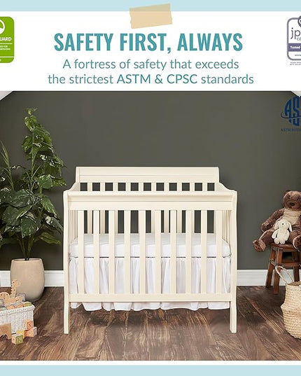 Aden 4-in-1 Convertible Mini Crib In French White, Greenguard Gold Certified, Non-Toxic Finish, New Zealand Pinewood, With 3 Mattress Height Settings - LeafyLoom