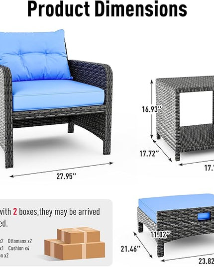 Pamapic 5 Pieces Wicker Patio Furniture Set Outdoor Patio Chairs with Ottomans Conversation Furniture with coffetable for Poorside Garden Balcony(Blue Cushion + Black Rattan)… - LeafyLoom