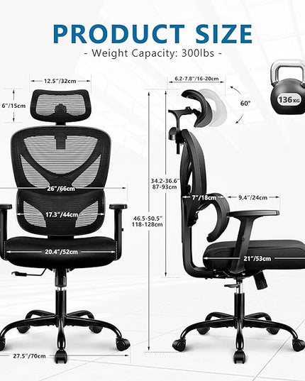 Office Chair Ergonomic Desk Chair Comfy Computer Chair, Big and Tall Home Office Chair with Back Support, Mesh Office Chair High Back Gaming Chair with Adjustable Armrest (Black) - LeafyLoom