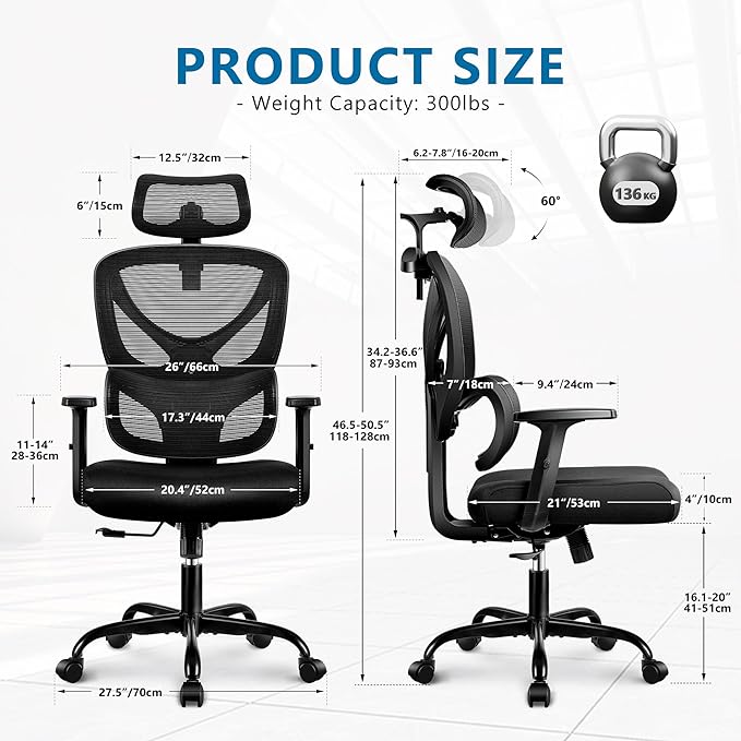 Office Chair Ergonomic Desk Chair Comfy Computer Chair, Big and Tall Home Office Chair with Back Support, Mesh Office Chair High Back Gaming Chair with Adjustable Armrest (Black) - LeafyLoom