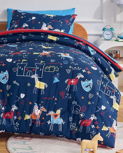 SLEEP ZONE 7 Pieces Kids Comforter Bed in A Bag, Soft Lightweight, Fluffy & Durable Children Bed Set with Comforter, Sheet, Pillowcase & Sham (Knight‘s Tale, Full/Queen) - LeafyLoom