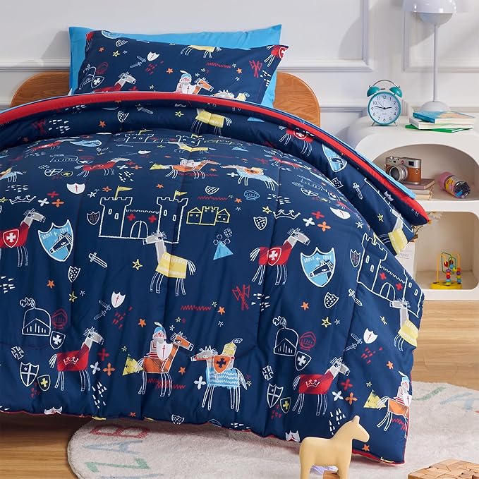 SLEEP ZONE Kids Twin Size Bedding Comforter Set 5 Pieces Breathable All Season Use for Boys (Knight‘s Tale, Twin) - LeafyLoom