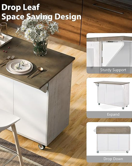 Retro Mountain Wood 47" D Rolling Island with Drop Leaf, Farmhouse Cart on Wheels with Internal Storage Towel Rack for Kitchen, Dining Room, White, 51.57 Inch - LeafyLoom