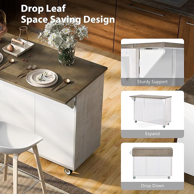 Retro Mountain Wood 47" D Rolling Island with Drop Leaf, Farmhouse Cart on Wheels with Internal Storage Towel Rack for Kitchen, Dining Room, White, 51.57 Inch - LeafyLoom