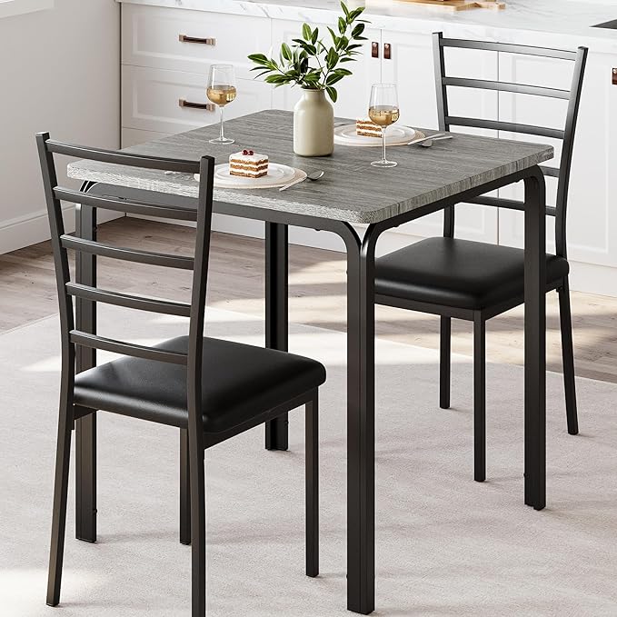 IDEALHOUSE Dining Table for 2, Small Table and Chairs Set of 2, Dinette Set for 2, Square Dinner Table Set, 3 Piece Kitchen & Dining Room Sets for Small Space (Grey, Dining Table with 2Chairs) - LeafyLoom