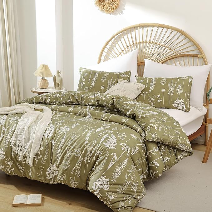 JANZAA Queen Olive Green ,3 PCS Bedding Floral Plant Flowers Printed on Green Comforter Set - LeafyLoom