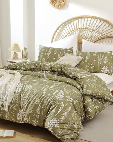 JANZAA Full Size Comforter Bedding Comforter Sets Floral Comforter Set Olive green Comforter Full Size Bed Set with 2 Pillow Cases for All Seasons - LeafyLoom