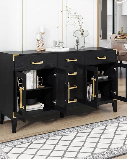 60" Retro Sideboard with 6-Drawer and 2-Cabinet,Multifunctional Buffet,w/Gold Handles & Solid Wood Legs,Extra Large Storage Space,for Kitchen and Living Room,Black - LeafyLoom