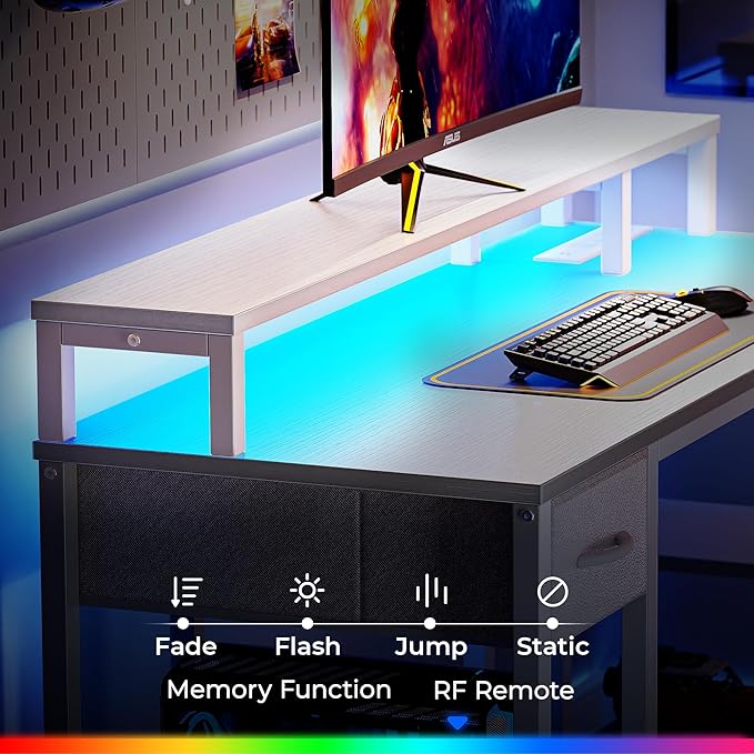 SUPERJARE 53 inch Reversible L Shaped Desk with LED Lights & Power Outlets, Computer Desk with Shelves & Monitor Stand, Gaming Desk with Drawer, Home Office Desk Corner Desk, PU White Drawer - LeafyLoom