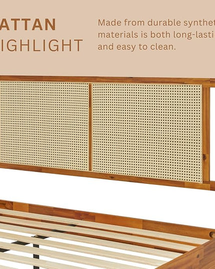 Bme Oliver Headboard Queen Size Bed Frame - 15-Inch Signature Design with Rattan Headboard, Bohemian and Mid Century Style, 12-Slat Wood Support, No Box Spring Needed - Easy Assembly, Caramel - LeafyLoom