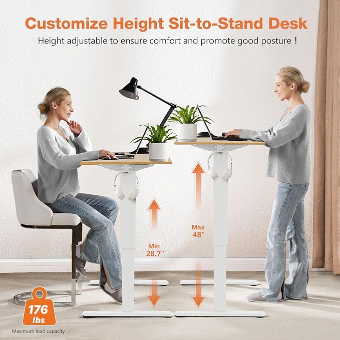 Sweetcrispy Electric Adjustable Height Standing Desk - 48 x 24 inch Sit to Stand Up Desk with Splice Board, Rising Home Office Computer Table with 2 Hook and Wire Hole for Work - LeafyLoom