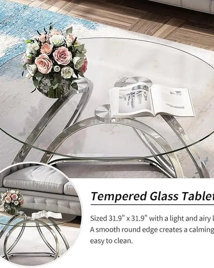 O&K FURNITURE Glass Coffee Table, Modern Silver Coffee Table Living Room Table with Hexagonal Base, Round Coffee Table for Home&Office, Chrome Finish, 1 PC - LeafyLoom