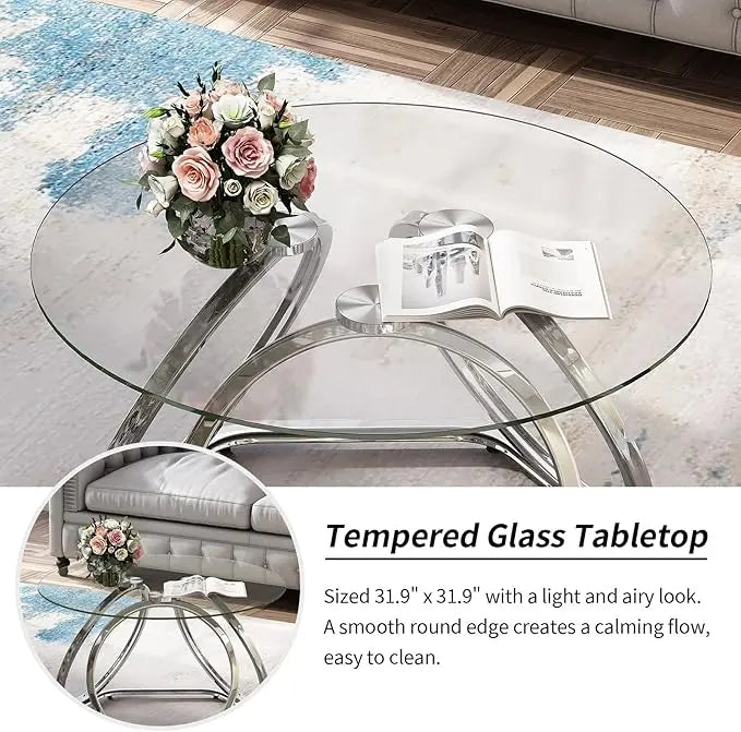 O&K FURNITURE Glass Coffee Table, Modern Silver Coffee Table Living Room Table with Hexagonal Base, Round Coffee Table for Home&Office, Chrome Finish, 1 PC - LeafyLoom