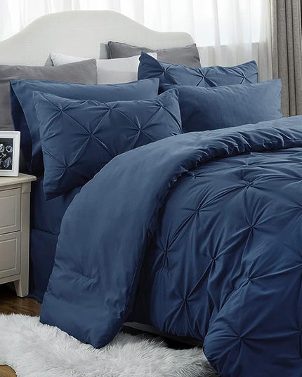 Bedsure Navy Comforter Set Queen - Bed in a Bag Queen 7 Pieces, Pintuck Bedding Sets Navy Blue Bed Set with Comforter, Sheets, Pillowcases & Shams - LeafyLoom