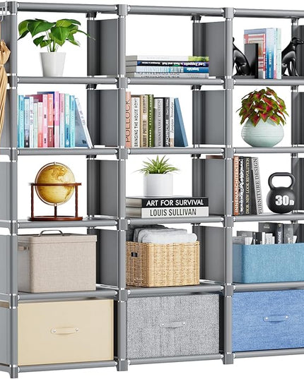 Mavivegue Bookshelf,15 Cube Storage Organizer,Book Shelf Organizer,Tall Bookcase Shelf,Book Cases/Shelves,Grey Cube Shelf,Cubbies Closet Storage Organizer Shelves for Bedroom,Living Room,Home,Office - LeafyLoom