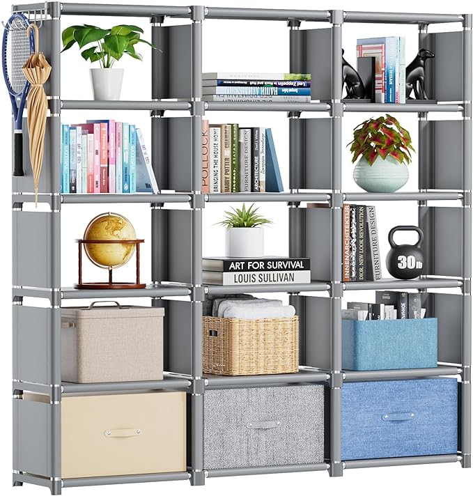 Mavivegue Bookshelf,15 Cube Storage Organizer,Book Shelf Organizer,Tall Bookcase Shelf,Book Cases/Shelves,Grey Cube Shelf,Cubbies Closet Storage Organizer Shelves for Bedroom,Living Room,Home,Office - LeafyLoom