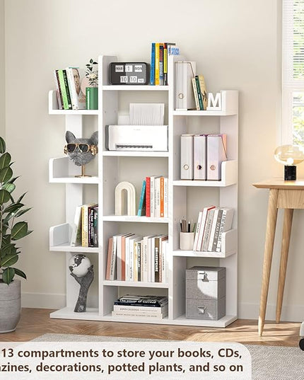 Aheaplus Bookshelf, Tree-Shaped Bookcase Storage Shelf with 13 compartments, Books Organizer Display Cube Shelves, Industrial Free Floor Standing Wood Open Bookshelves for Home, White - LeafyLoom