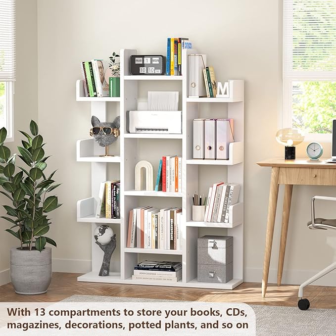 Aheaplus Bookshelf, Tree-Shaped Bookcase Storage Shelf with 13 compartments, Books Organizer Display Cube Shelves, Industrial Free Floor Standing Wood Open Bookshelves for Home, White - LeafyLoom