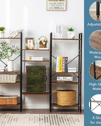 Triple Wide 4-Tier Bookshelf, Large Industrial Bookcase with 11 Open Display Shelves with Metal Frame for Living Room Bedroom Kitchen Office, Rustic Brown - LeafyLoom