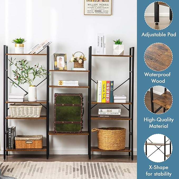 Triple Wide 4-Tier Bookshelf, Large Industrial Bookcase with 11 Open Display Shelves with Metal Frame for Living Room Bedroom Kitchen Office, Rustic Brown - LeafyLoom