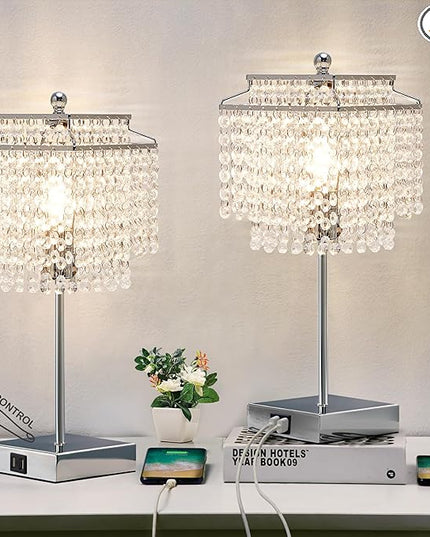 Luvkczc Crystal Table Lamp with Touch Control Set of 2, USB Bedside Crystal Table Lamp with USB C+A Ports, 3-Way Dimmable Lamp with Crystal Shade for Bedroom, Living Room, 6W LED Bulb Included - LeafyLoom