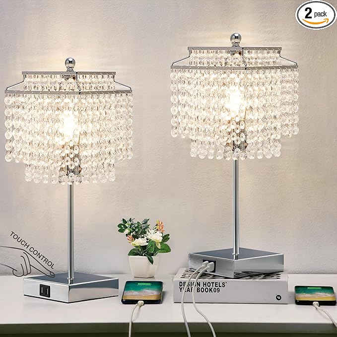 Luvkczc Crystal Table Lamp with Touch Control Set of 2, USB Bedside Crystal Table Lamp with USB C+A Ports, 3-Way Dimmable Lamp with Crystal Shade for Bedroom, Living Room, 6W LED Bulb Included - LeafyLoom